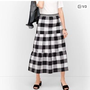 NWT Talbots Black/White Buffalo Plaid Check Tiered Midi Skirt L